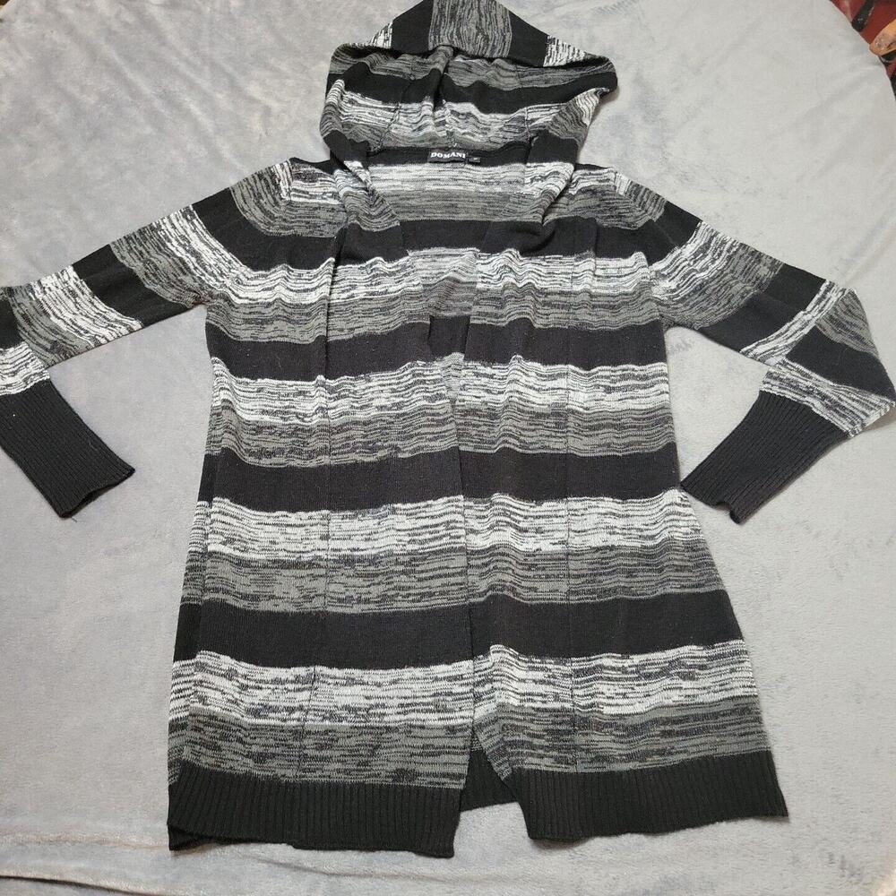 Domani Cardigan Women Medium Sweater Black Stripe Long Sleeves Cable Knit Hooded